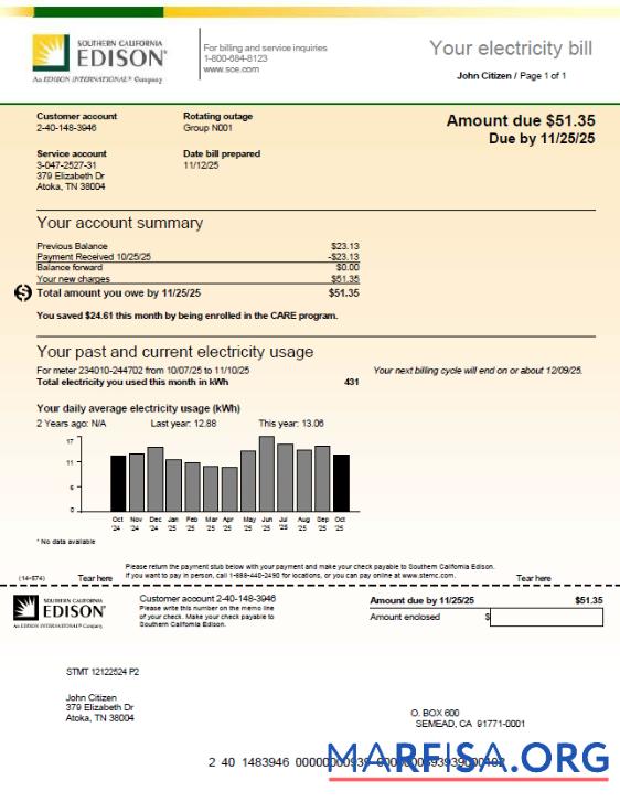 Printable USA Southern California Edison utility bill template in Word and PDF formats, version 3